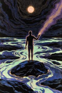 Intricate, painterly illustration symbolizing The Principle of Dynamic Flow, showing a figure effortlessly surfing a wave of light while releasing chains of resistance.