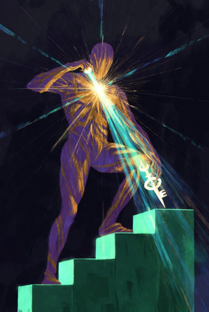 Intricate, high-contrast painterly illustration of a figure standing on a glowing geometric platform, actively drawing a stream of radiant golden light from their heart chakra and directing it downward to form a tangible, stylized object of creation in their hands, symbolizing Dynamic Manifestation.