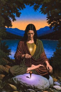 Intricate, painterly illustration of a figure with Earthy Tones clothing, sitting cross-legged on a smooth river stone overlooking a deep lake and mountain range. The figure holds a simple wooden pendulum, perfectly still, symbolizing Rhythmic Harmonization and grounded presence. Subtle gold light radiates from the heart center.