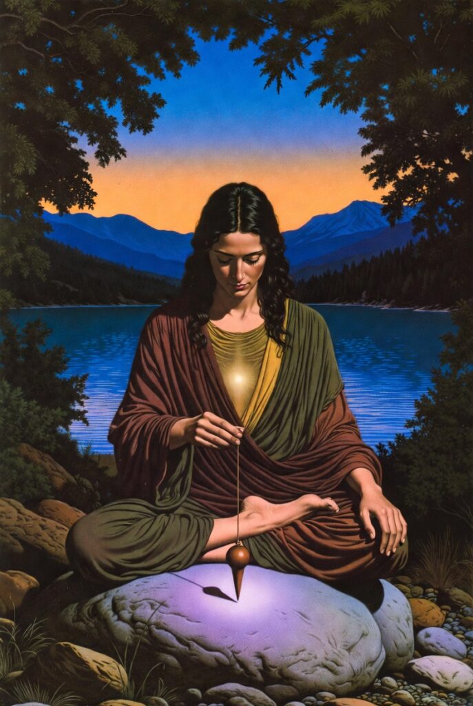 Intricate, painterly illustration of a figure with Earthy Tones clothing, sitting cross-legged on a smooth river stone overlooking a deep lake and mountain range. The figure holds a simple wooden pendulum, perfectly still, symbolizing Rhythmic Harmonization and grounded presence. Subtle gold light radiates from the heart center.