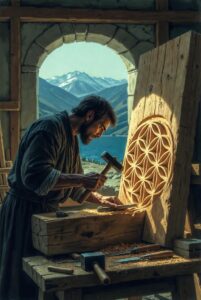 A master architect in a stone workshop, carving sacred geometric symbols into a large wooden beam, overlooking a snowy mountain lake.