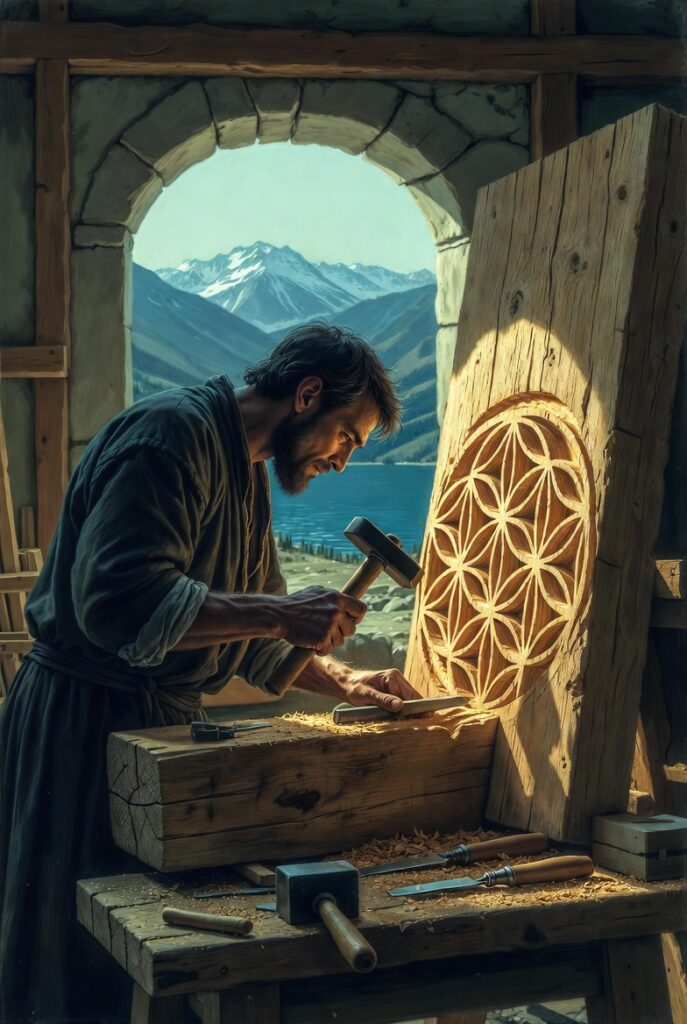 A master architect in a stone workshop, carving sacred geometric symbols into a large wooden beam, overlooking a snowy mountain lake.