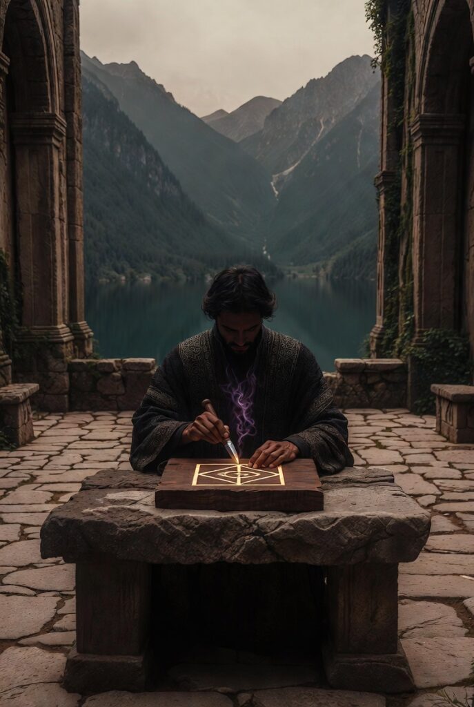 An intricate, painterly illustration of a wise figure in a stone courtyard, carefully inscribing symbols onto a heavy slate tablet.