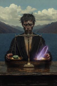 Intricate, painterly illustration of an androgynous figure sitting at a weathered wooden desk overlooking a deep lake and mountain range, precisely balancing antique gold scales. One pan holds a single natural green stone, and the other holds a glowing, violet feather, symbolizing Strategic Refinement and Alchemical Integration. The figure's hands are steady, and a thin, subtle gold light emanates from their heart.