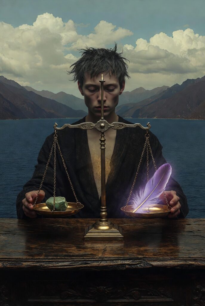 Intricate, painterly illustration of an androgynous figure sitting at a weathered wooden desk overlooking a deep lake and mountain range, precisely balancing antique gold scales. One pan holds a single natural green stone, and the other holds a glowing, violet feather, symbolizing Strategic Refinement and Alchemical Integration. The figure's hands are steady, and a thin, subtle gold light emanates from their heart.