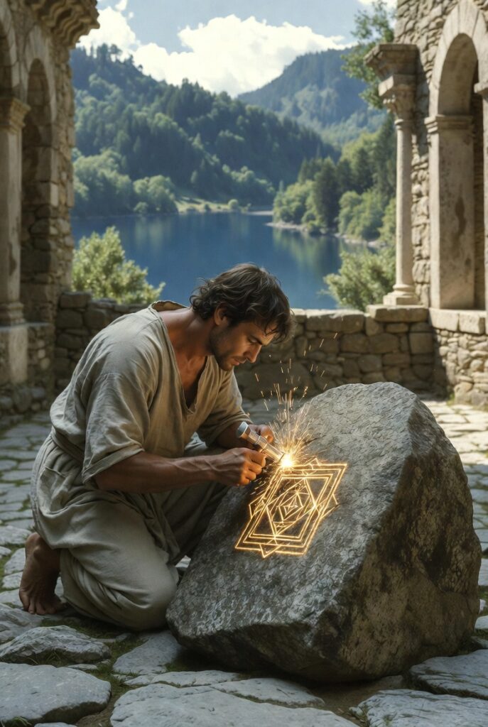 A painterly illustration of a focused person in a stone courtyard, carefully carving a geometric symbol into a heavy stone block with a silver chisel.