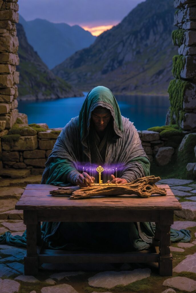 A person in a serene stone courtyard, carefully placing a glowing, inscribed stone into a solid wall under a clear twilight sky.