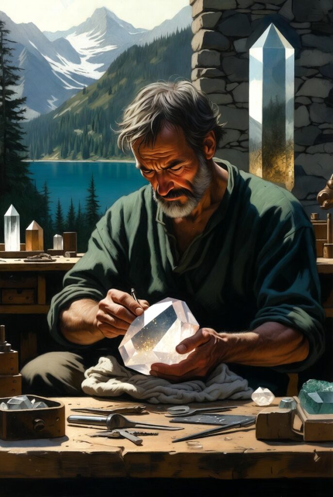 A person in a simple linen tunic sitting at a heavy oak table in a stone room, carefully polishing a clear geometric crystal. Natural winter light streams through a window.
