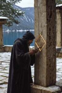 A stoic figure in a stone courtyard, carefully carving a geometric crystal symbol into a heavy wooden beam.
