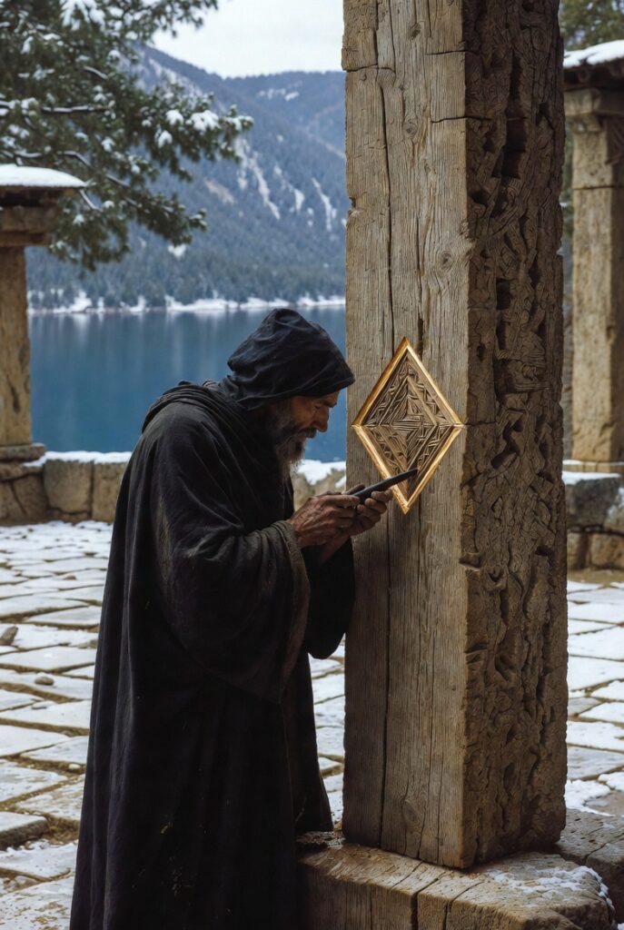 A stoic figure in a stone courtyard, carefully carving a geometric crystal symbol into a heavy wooden beam.