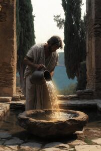 A person in simple linen clothing standing in a stone courtyard, carefully pouring water from one ceramic vessel to another in a perfect, steady stream.