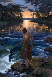ntricate, painterly illustration of a figure (gender-neutral, grounded, and focused) standing calmly by a deep, flowing river that reflects a setting sun. The figure is not moving, but radiating a subtle inner light, symbolizing their perfect attunement to The Law of Rhythmic Harmonization. The water represents the flow of life and is deeply detailed with natural greens and earthy tones.
