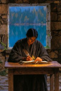 A painterly illustration of a person sitting at a heavy oak table in a stone room, calmly writing in a thick journal. A single small gold light glows from the pen tip.