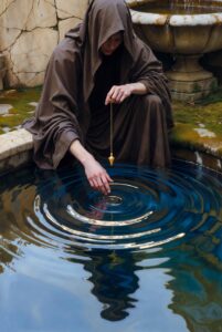 Intricate, painterly illustration of a cloaked sitting at a weathered stone fountain's edge, holding a pendulum in one hand and tracing a large, cyclical water ripple with the other. The image emphasizes the connection between rhythmic movement and stillness. Earthy tones, deep blues, and natural greens dominate, with subtle gold accents highlighting the pendulum's weight.