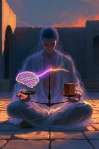Intricate, painterly illustration of an ethereal, calm figure sitting cross-legged on a natural stone courtyard at twilight, precisely balancing a small, antique scale. One side of the scale holds a glowing, vibrant mind-shaped symbol (mind/thought), and the other holds a solid, carved wooden block (action/structure). A thin line of violet and gold light connects the figure's heart to the perfectly balanced scale. The background features a simple, grounded architecture and deep twilight sky.