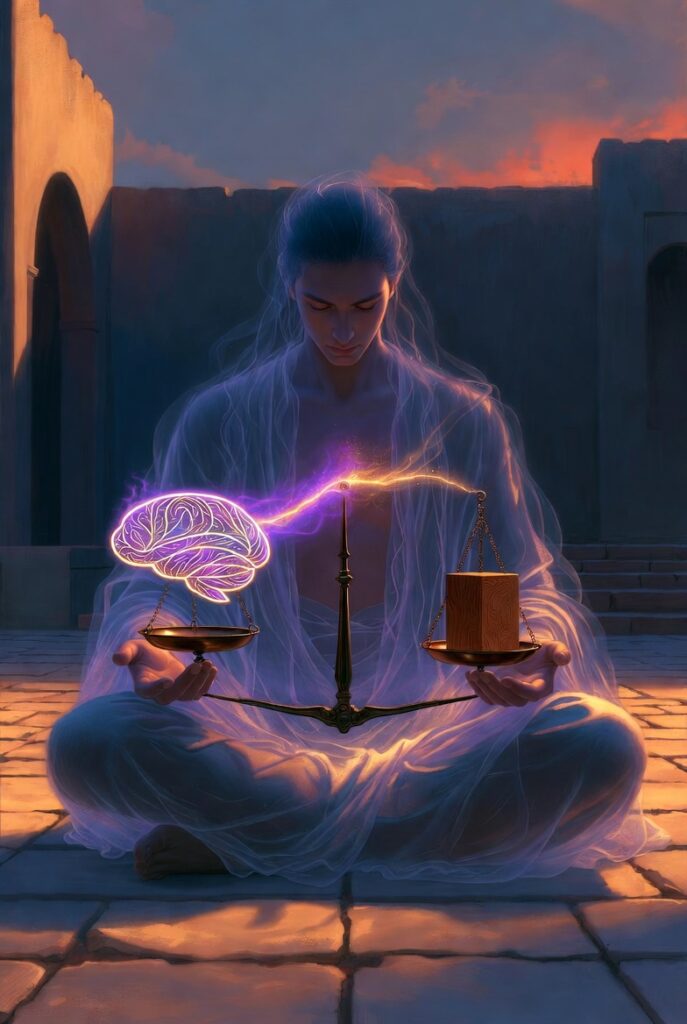 Intricate, painterly illustration of an ethereal, calm figure sitting cross-legged on a natural stone courtyard at twilight, precisely balancing a small, antique scale. One side of the scale holds a glowing, vibrant mind-shaped symbol (mind/thought), and the other holds a solid, carved wooden block (action/structure). A thin line of violet and gold light connects the figure's heart to the perfectly balanced scale. The background features a simple, grounded architecture and deep twilight sky.