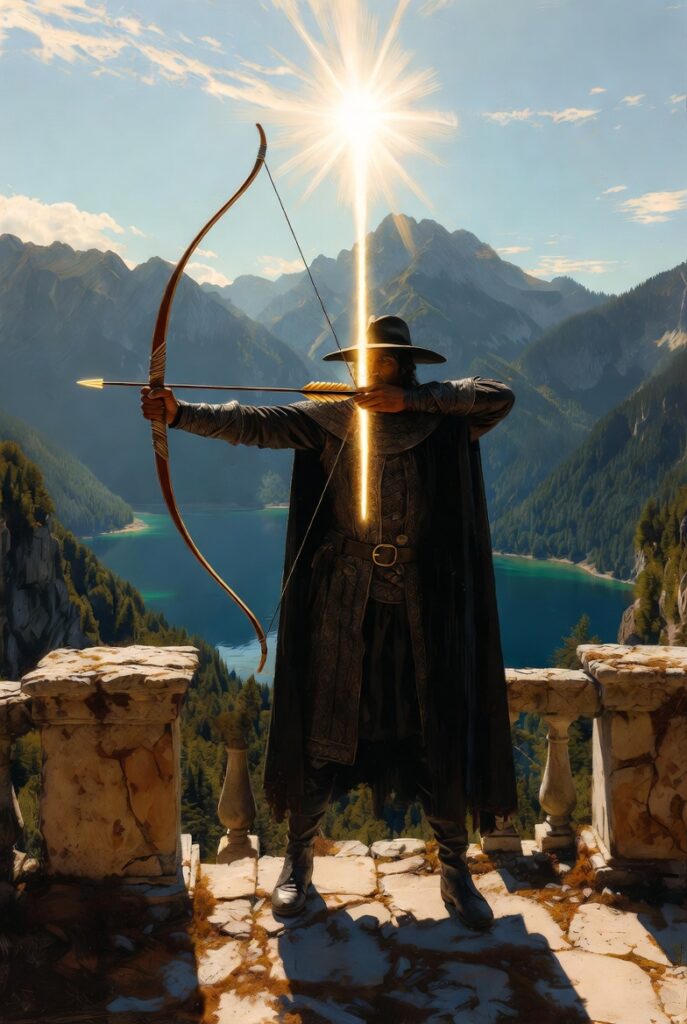 A painterly illustration of a man in simple linen robes standing on a stone balcony overlooking a deep blue lake and distant green mountains, aiming a wooden bow with a glowing golden arrow toward the horizon.