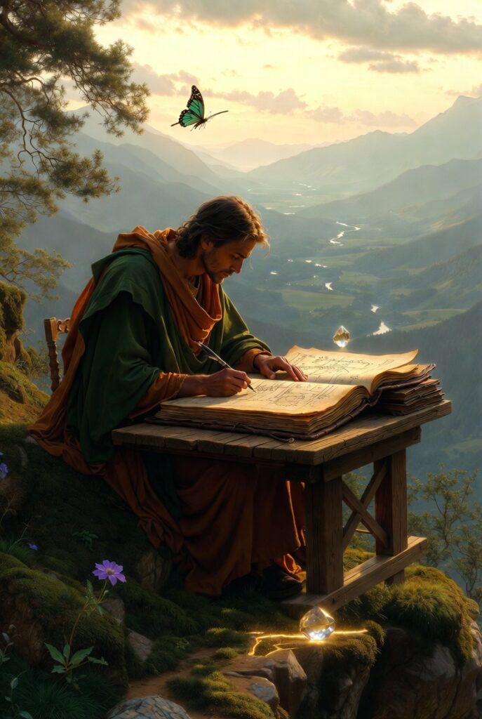 Intricate, painterly illustration of a solitary figure sitting at a rustic wooden desk, actively sketching precise blueprints in a journal, with a single violet flower and a blue-green butterfly symbolizing Harmonic Precision in a grounded, mountain valley setting.