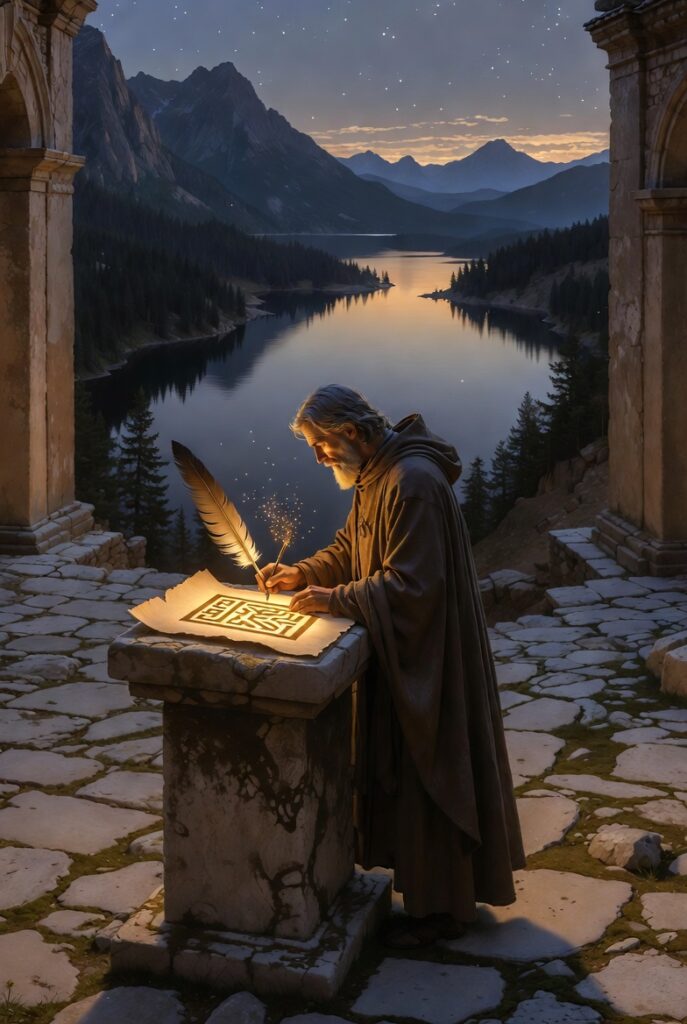 A person at a rustic stone table in a mountain courtyard, using a wooden mortar and pestle to grind glowing herbs, with a backdrop of a calm, deep blue lake.