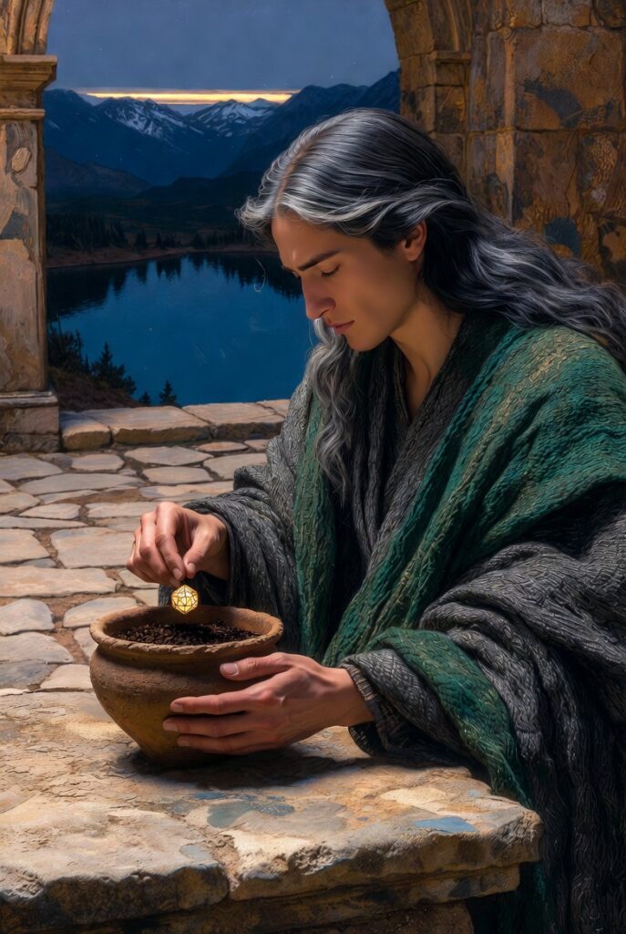 A painterly illustration of a wise figure in deep green robes sitting at a heavy stone table in a quiet mountain courtyard, carefully placing a single glowing golden seed into a small terracotta pot as the sun sets behind deep blue peaks.