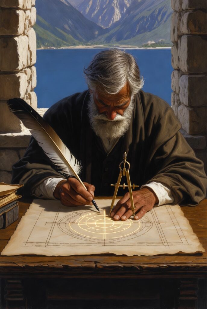 An intricate illustration of an artisan sitting at a heavy oak table, using a compass and quill to map out a geometric blueprint on aged parchment.