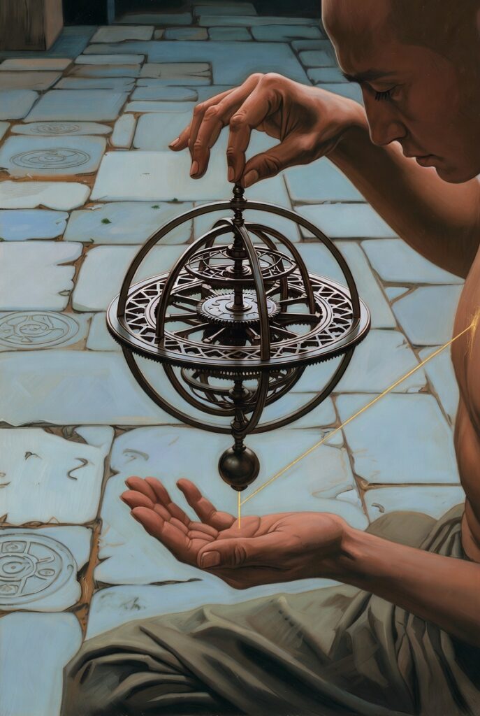 Intricate, painterly illustration of a figure with Earthy Tones skin sitting cross-legged on a worn stone courtyard, carefully balancing a single, intricate gyroscope. The stone floor has faint, circular carvings symbolizing rhythmic flow. A thin gold line of light connects the gyroscope to the figure's heart.