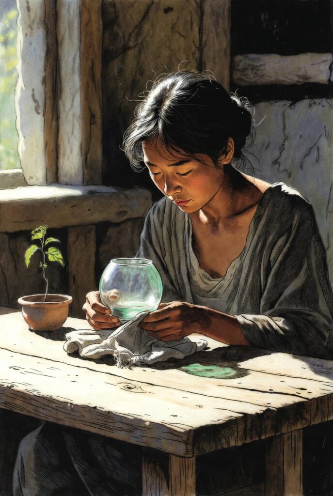 A person in simple linen clothing sitting at a heavy oak table in a stone room, meticulously cleaning a clear glass lens. Soft natural light from a high window.