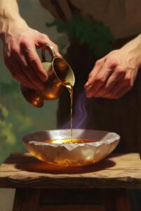 Illustration of a figure's hands resting on a simple, sturdy wooden table, gently pouring liquid gold from a small copper vessel into a clear stone bowl.