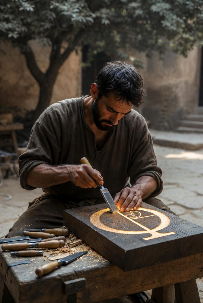 An architect in a simple linen tunic sits in a sunlit stone courtyard, meticulously carving a geometric symbol into a heavy block of oak wood.
