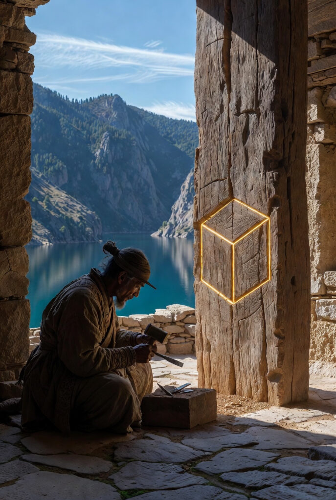 A painterly illustration of a wise architect in a linen robe standing in a stone courtyard, carefully carving a sacred geometry symbol into a large wooden beam.