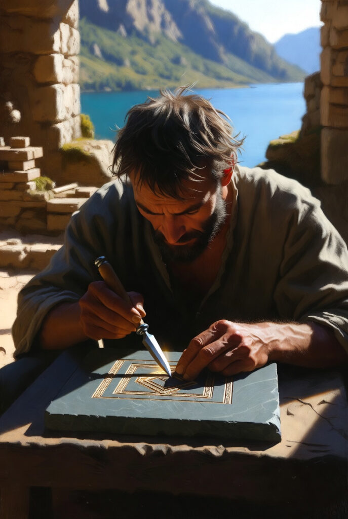 An artisan at a heavy wooden workbench, meticulously carving a geometric stone seal. Sunlight hits the dust in a stone-walled studio.