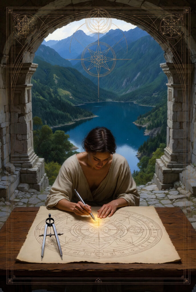 An intricate painterly illustration of a wise architect standing in a stone courtyard, carefully carving sacred geometry into a heavy granite block with a silver chisel.