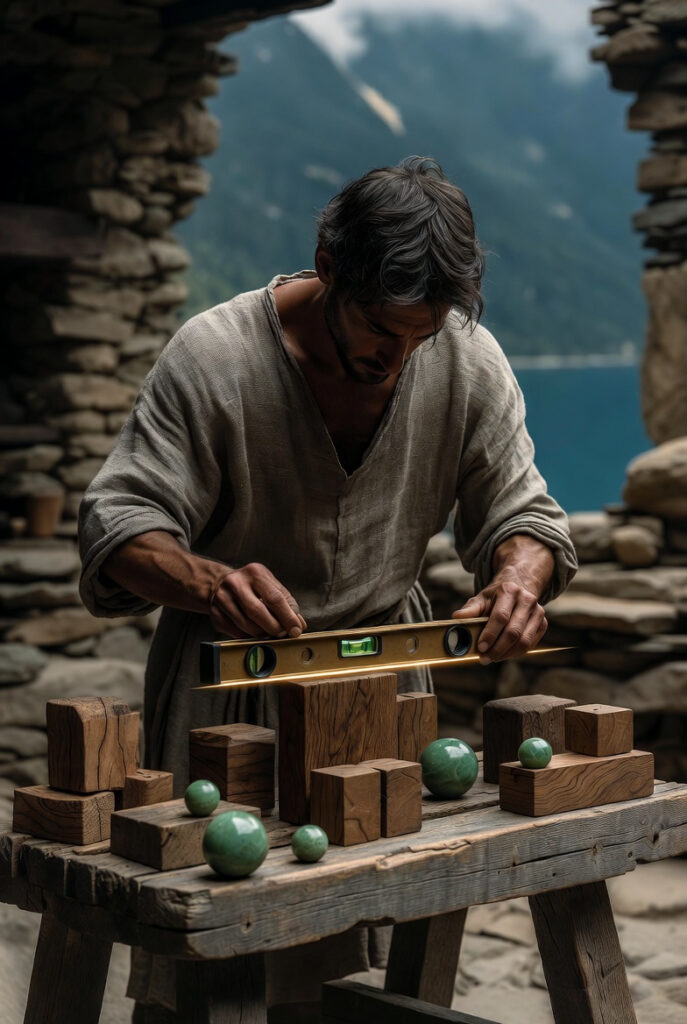 A master architect in a mossy stone courtyard, carefully placing a precision-cut wooden beam into a frame, surrounded by lush green mountains.