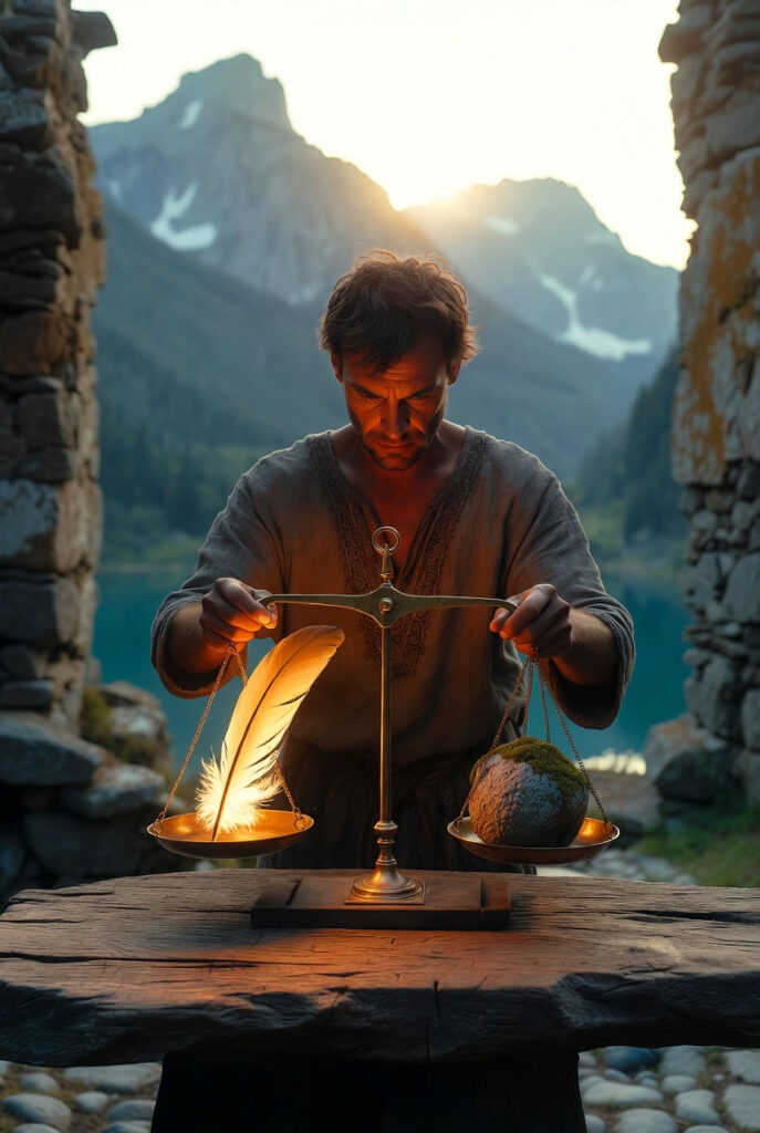 A painterly illustration of a craftsman in a sunlit stone workshop, carefully balancing a golden feather against a rough stone on a set of antique wooden scales.