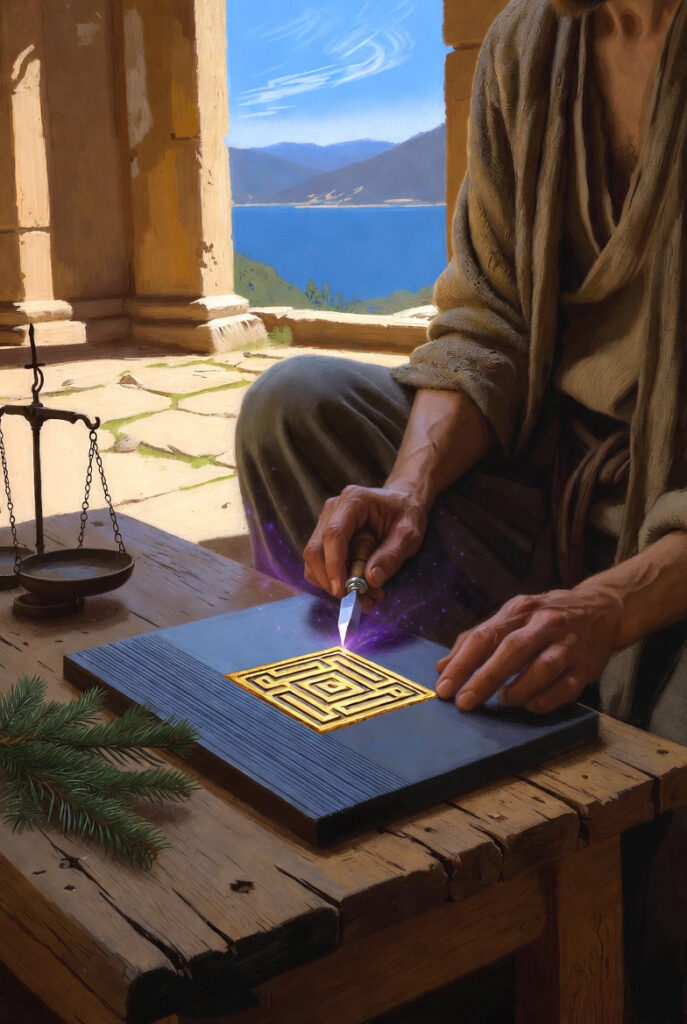 A detailed illustration of a wise architect in a stone courtyard, carefully carving a geometric symbol into a heavy wooden beam.