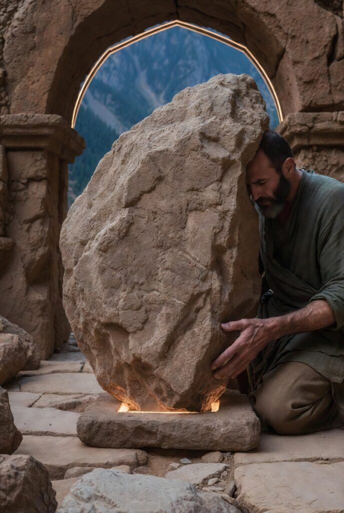 A master stonemason in a green tunic precisely fitting a large, glowing square stone into the base of a rising stone archway overlooking a calm, deep blue mountain lake at dawn.