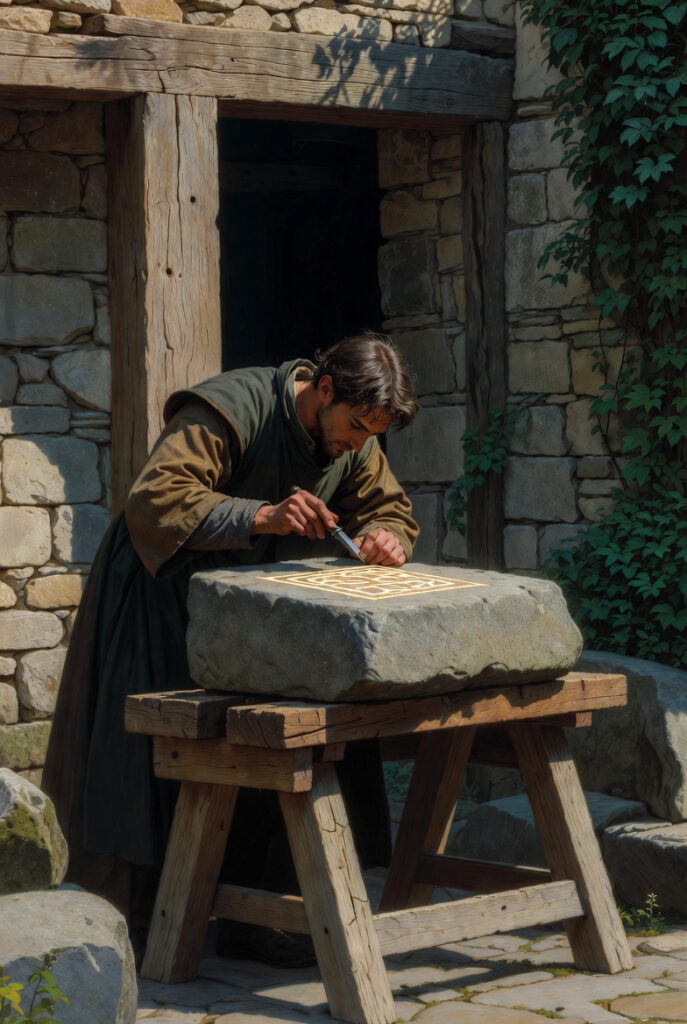 A focused stone mason in a sunlit courtyard carefully carving a geometric symbol into a solid granite block.