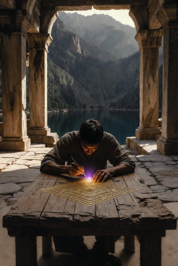 A person in a stone courtyard, carefully carving a sacred geometric symbol into a wooden table.