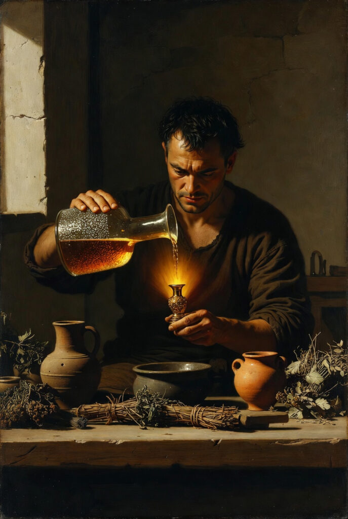 A detailed, painterly illustration of a stone-walled laboratory where a figure in simple linen robes carefully pours a glowing liquid from a heavy glass vessel into a small golden vial.