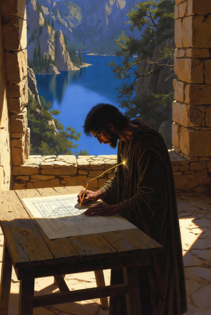 An intricate, painterly illustration of an architect in a stone courtyard, using a wooden drafting table to draw sacred geometry blueprints while a small golden glow emanates from their heart.
