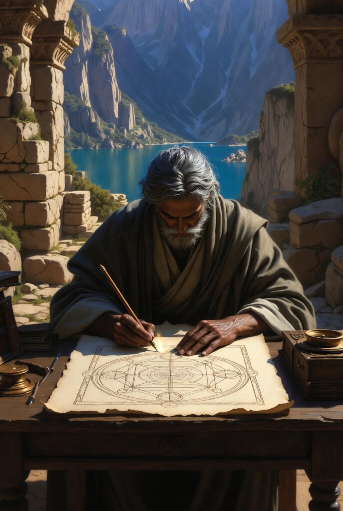 A detailed illustration of a focused architect-scribe sitting at a heavy oak table in a stone courtyard, carefully drawing geometric blueprints.