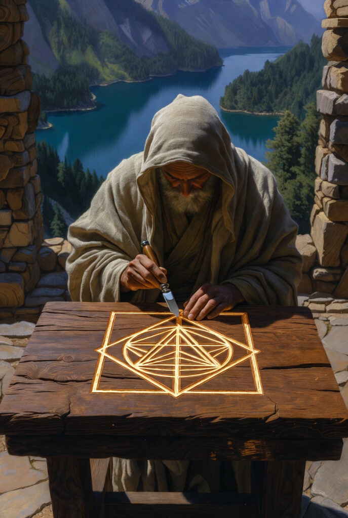 An intricate painterly illustration of a robed figure standing at a heavy stone table in a mountain courtyard, precisely carving a golden geometric symbol into a wooden block.