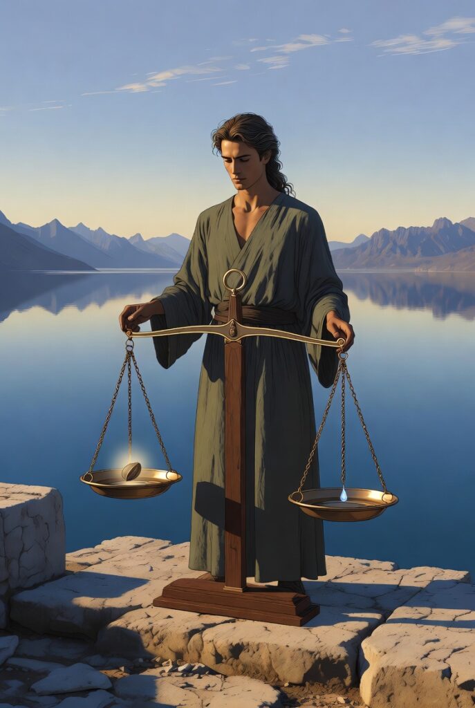 A painterly illustration of a serene figure standing on a stone balcony overlooking a deep blue lake at dawn, holding a pair of wooden scales in perfect balance.