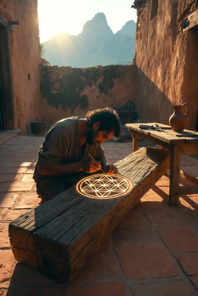 A painterly illustration of an architect in a stone courtyard carving a sacred geometric symbol into a heavy wooden beam.