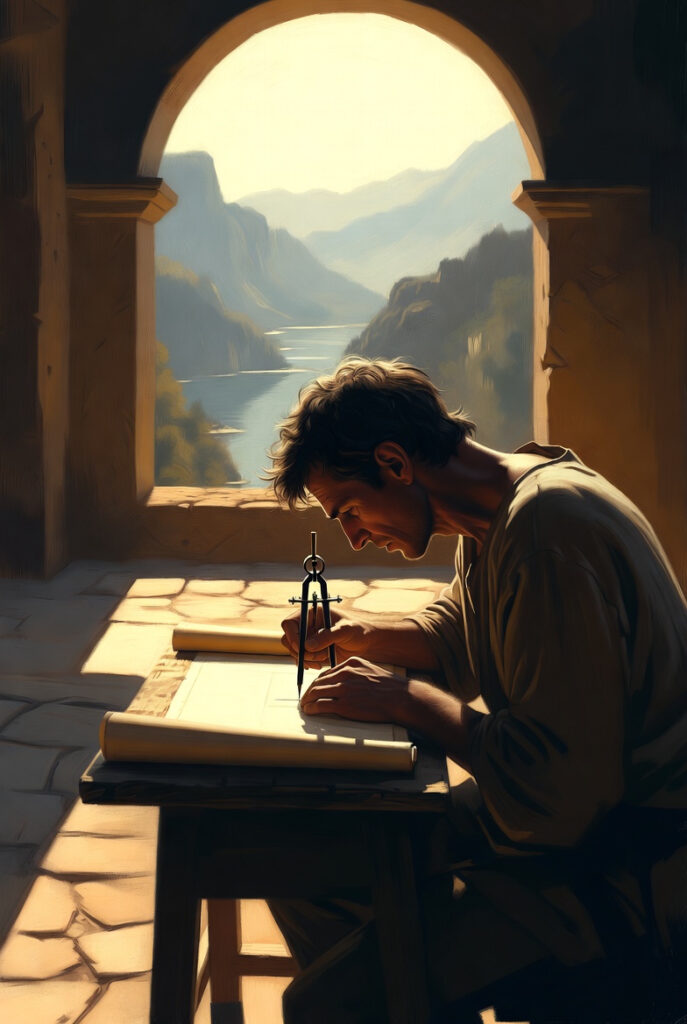 An intricate, painterly illustration of a wise architect in a stone courtyard, carefully carving a sacred geometric symbol into a heavy wooden beam.
