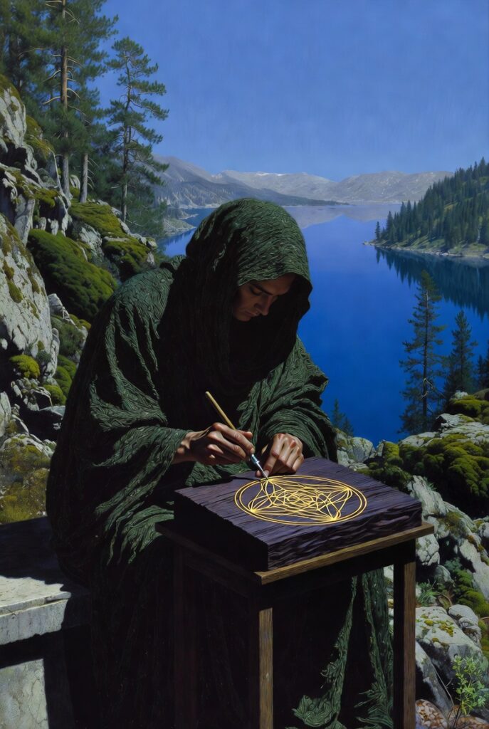 An intricate painterly illustration of a wise figure in a dark green robe sitting on a stone bench by a deep blue mountain lake, carefully carving a geometric symbol into a piece of cedar wood.