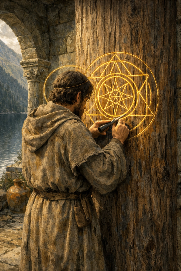 A person in sturdy linen clothes standing in a stone courtyard, carefully carving a geometric symbol into a large wooden beam.