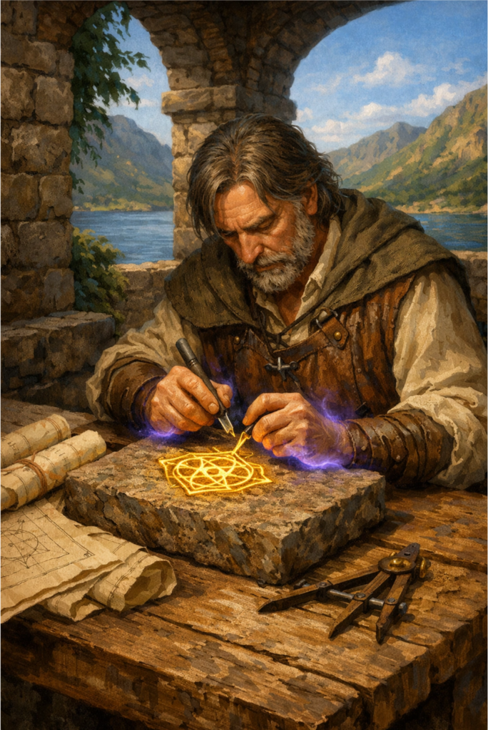 A focused stone mason in a sunlit courtyard precisely carving a geometric symbol into a heavy stone block, surrounded by blueprints and lush greenery.