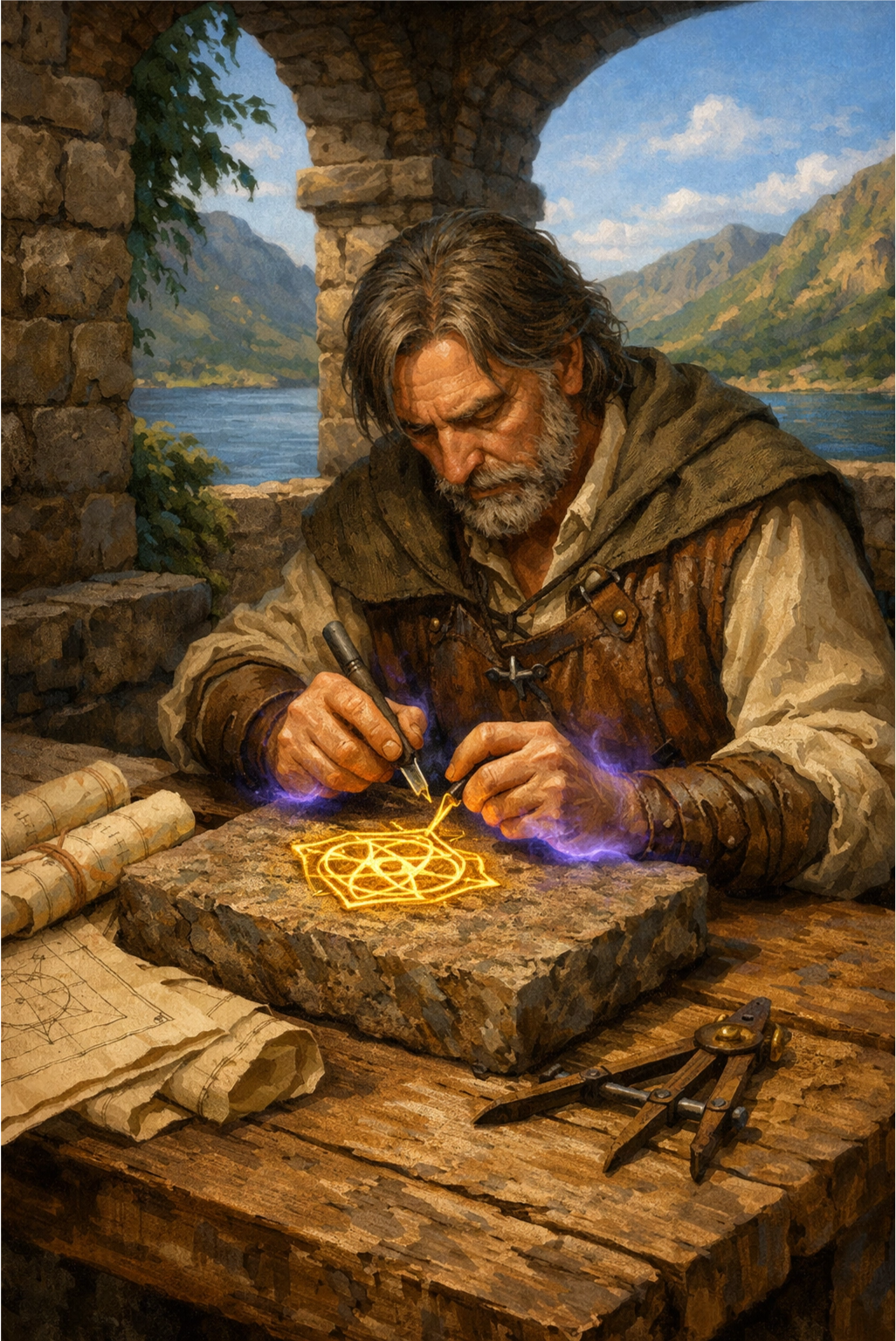A focused stone mason in a sunlit courtyard precisely carving a geometric symbol into a heavy stone block, surrounded by blueprints and lush greenery.