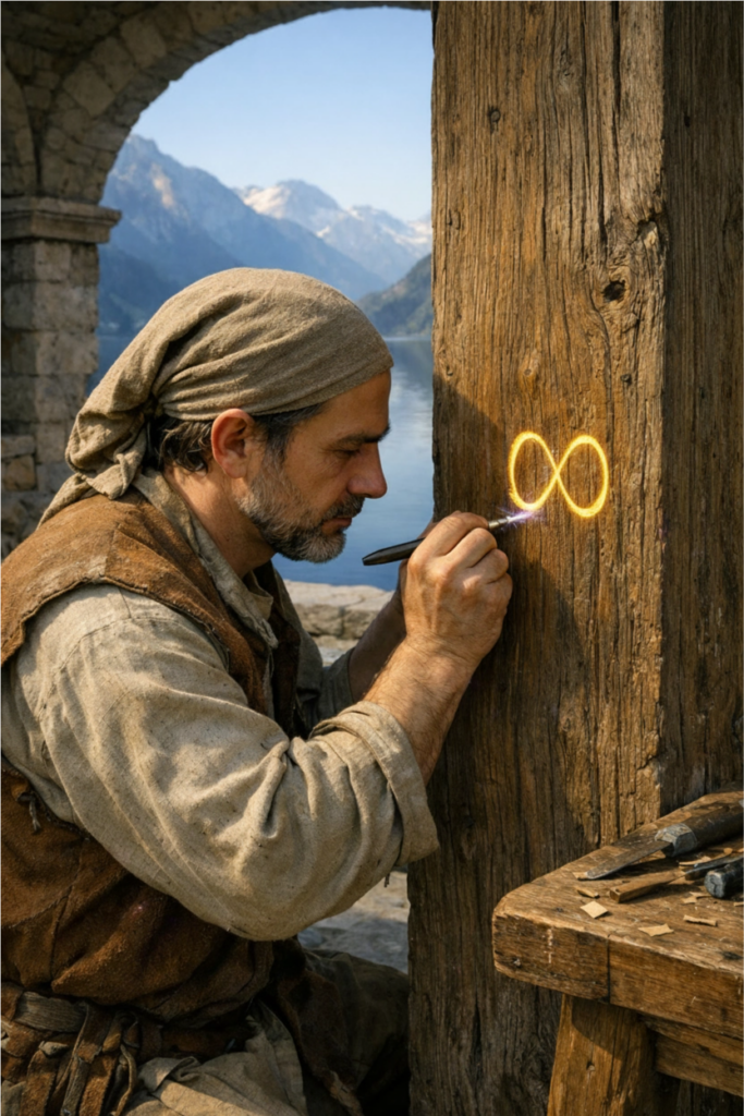 A person in simple linen clothing standing in a sunlit stone courtyard, carefully carving a sacred geometric symbol into a large wooden beam.